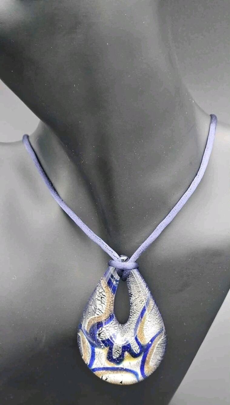 Murano Style Art Glass Silver Foil Teardrop Pendant Necklace Blue Gold